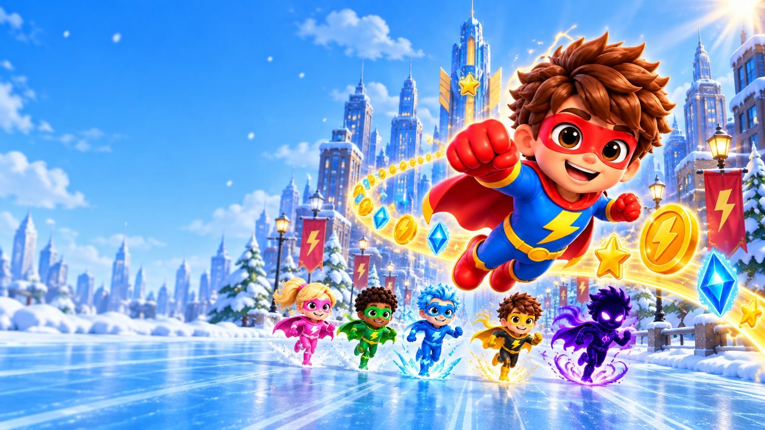 Captain Bolt flies toward you over snowy Hero City with a trail of lightning coins, stars and blue crystals, while Rosy Rocket, Leaf Sprinter, Frost Comet, Golden Spark and Moonshadow run below.
