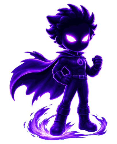 Moonshadow, a shadowy purple hero with glowing eyes.