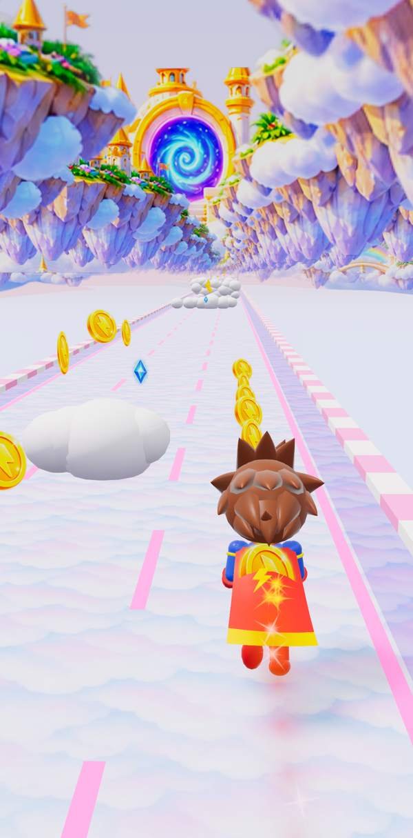 In-game screenshot of Cloud World, on a road above the clouds