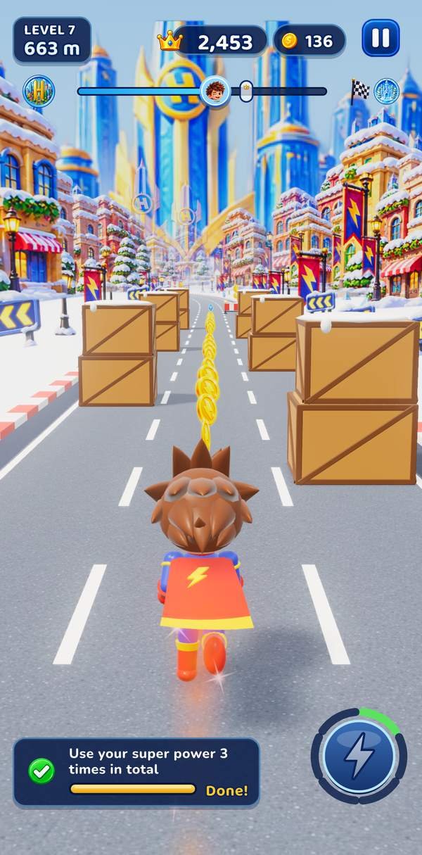 In-game screenshot of Hero City, following the coin trail between the crates