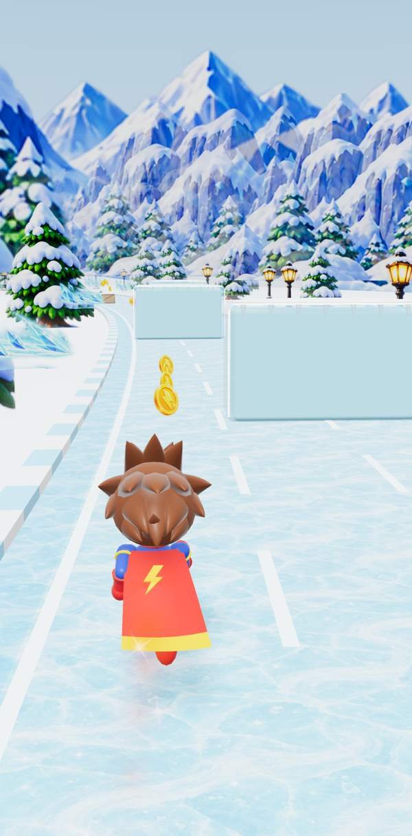 In-game screenshot of Ice City, with frosty roads and ice blocks