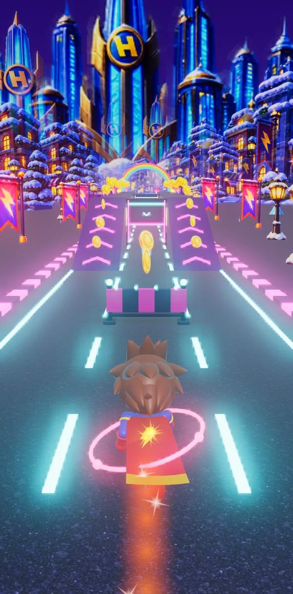In-game screenshot of Night City, with neon lanes and coin ramps