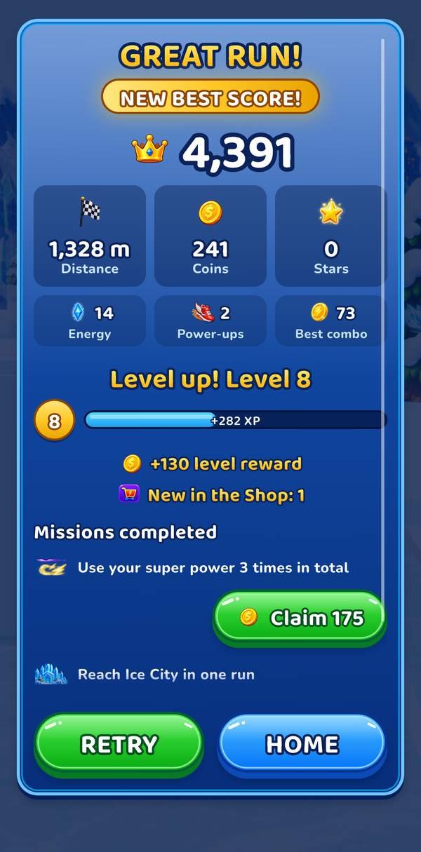 In-game screenshot of the result screen: Great run! A new best score and a level up