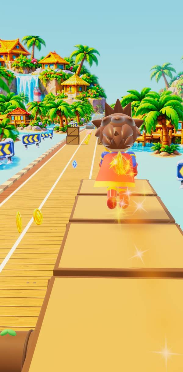 In-game screenshot of Tropical Hero Island, taking the high route over the docks