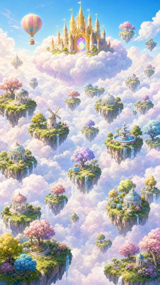 World art: Cloud World, a castle with a rainbow portal on floating cloud islands.