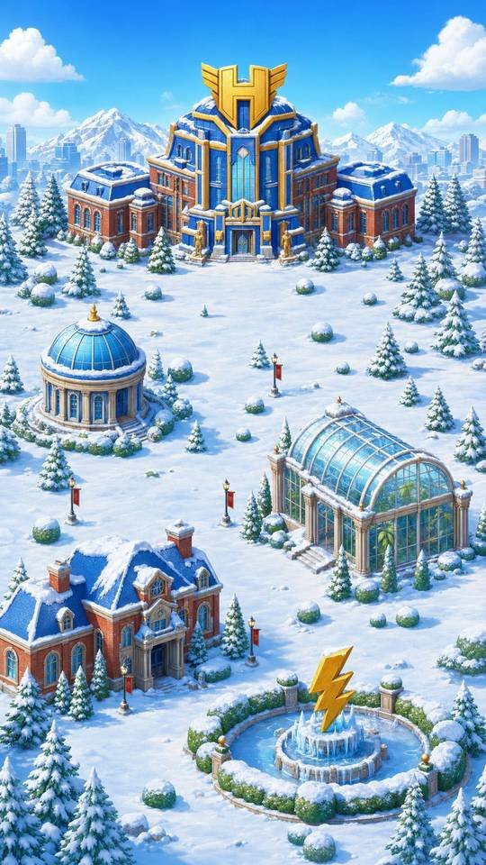 World art: Hero City, the winged-star Hero HQ above snowy streets.