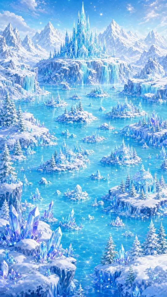 World art: Ice City, a crystal ice palace above a frozen turquoise lake.