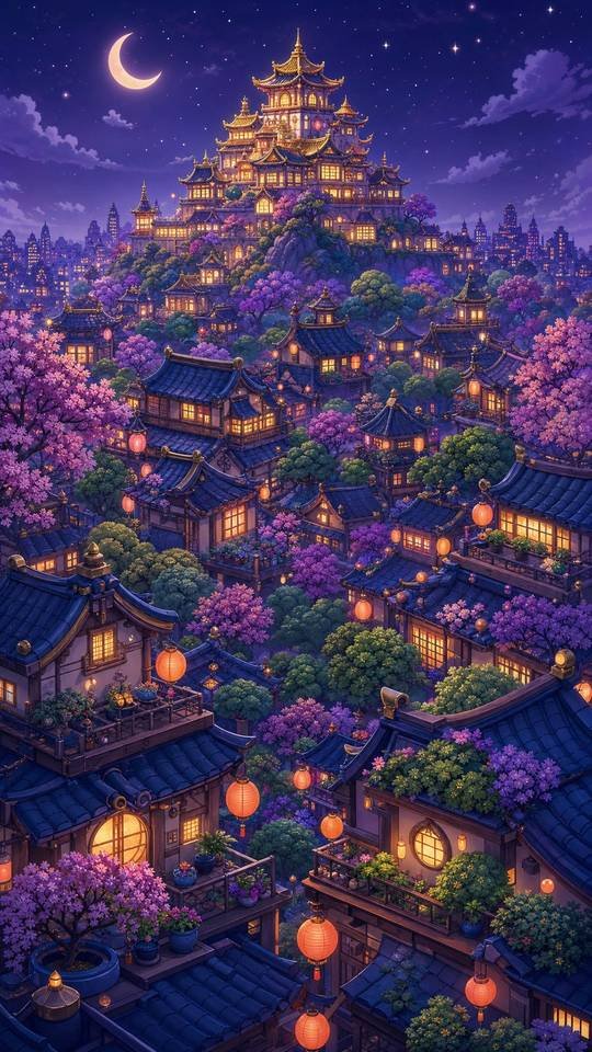 Poster art: Night City, glowing rooftops and lanterns under a crescent moon.