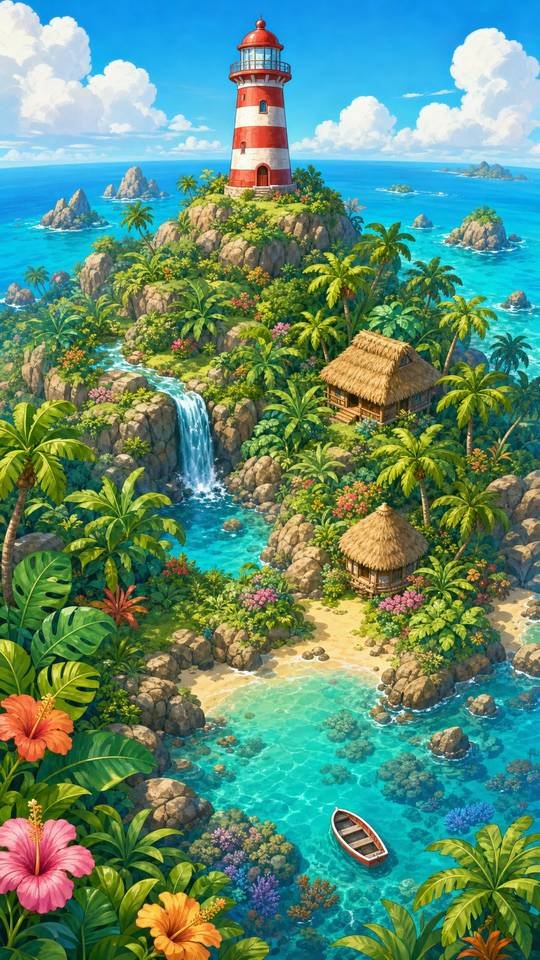 World art: Tropical Hero Island, a red-and-white lighthouse on a jungle hill above a turquoise lagoon.